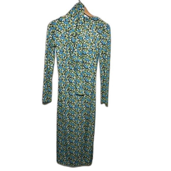 Zara Dress Women's sz Medium Green Blue Floral Open Back Scarf Blogger Favorite - Picture 2 of 5